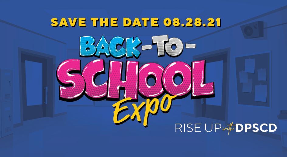  Back to School Expo title on blue banner